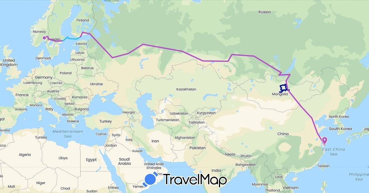 TravelMap itinerary: driving, train, boat, car in China, Finland, Mongolia, Norway, Russia, Sweden (Asia, Europe)