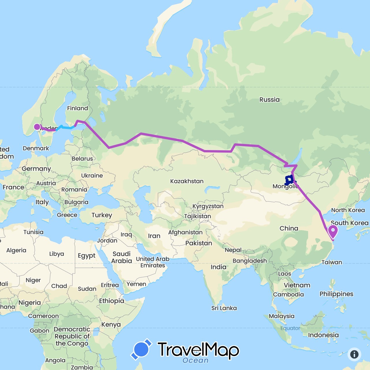 TravelMap itinerary: driving, train, boat, car in China, Finland, Mongolia, Norway, Russia, Sweden (Asia, Europe)
