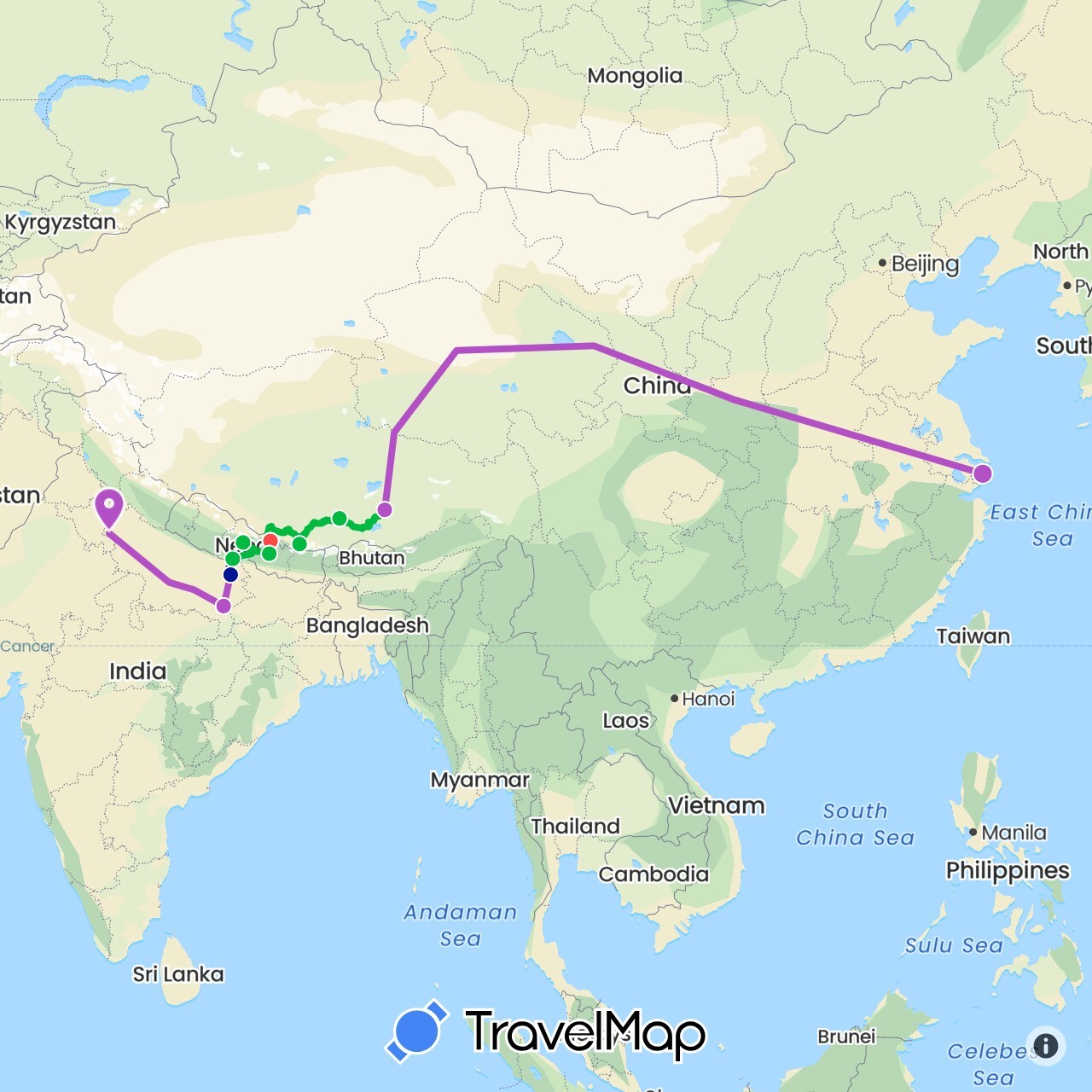 TravelMap itinerary: driving, bus, train, hiking, car in China, India, Nepal (Asia)