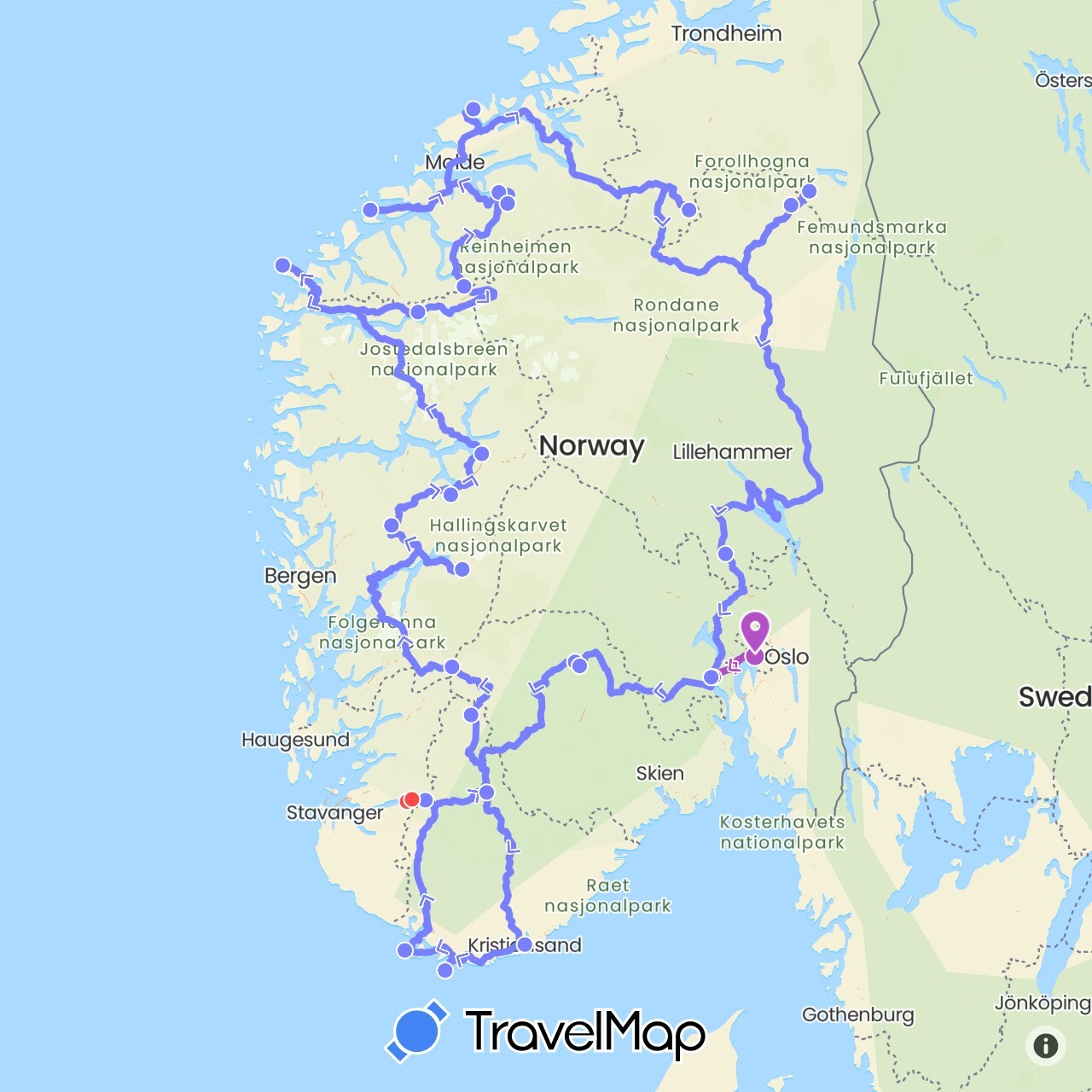 TravelMap itinerary: driving, train, hiking, campervan in Norway (Europe)