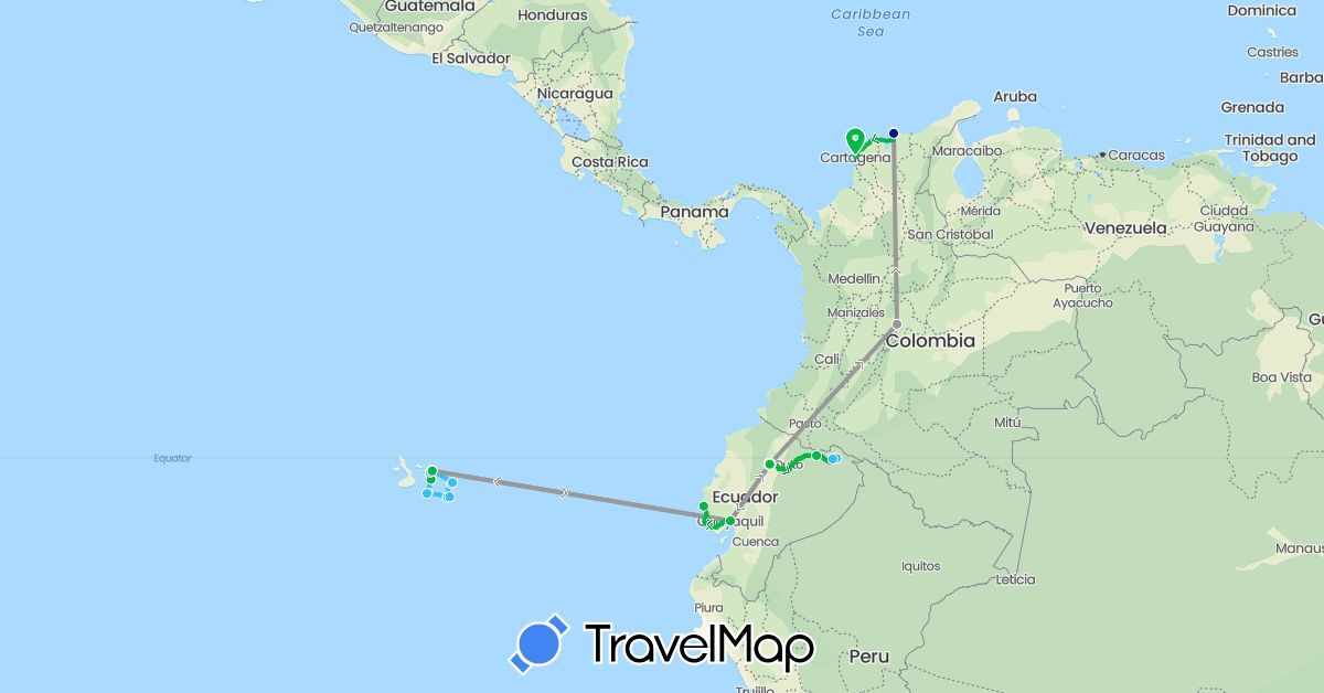 TravelMap itinerary: driving, bus, plane, boat, car in Colombia, Ecuador (South America)