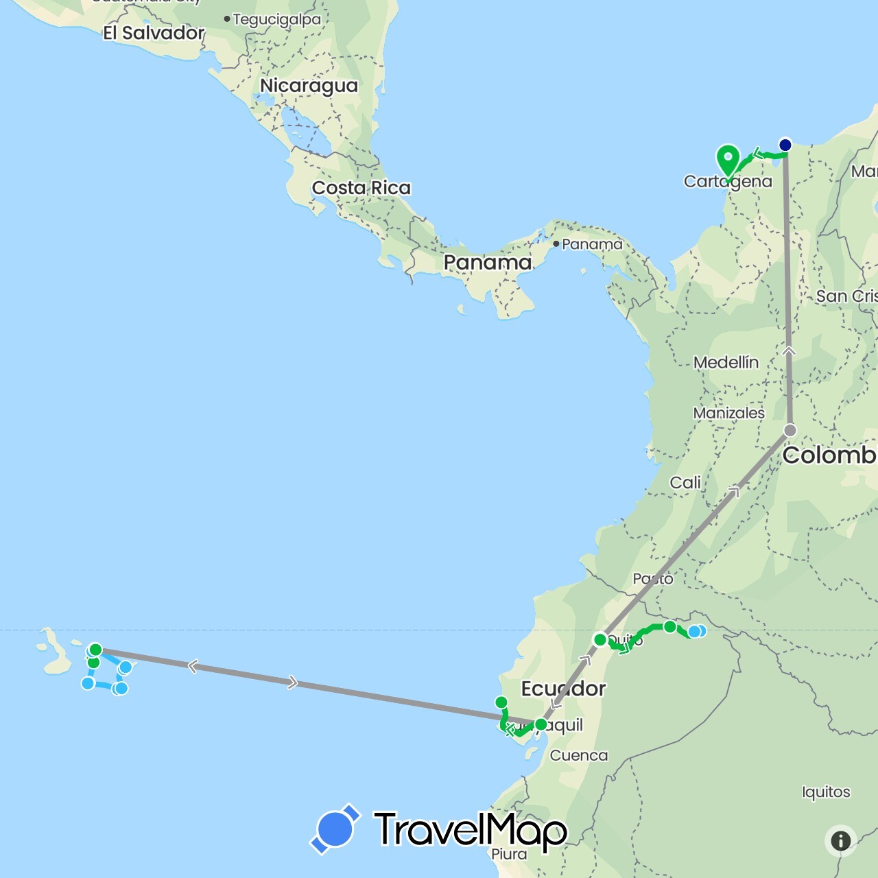 TravelMap itinerary: driving, bus, plane, boat, car in Colombia, Ecuador (South America)