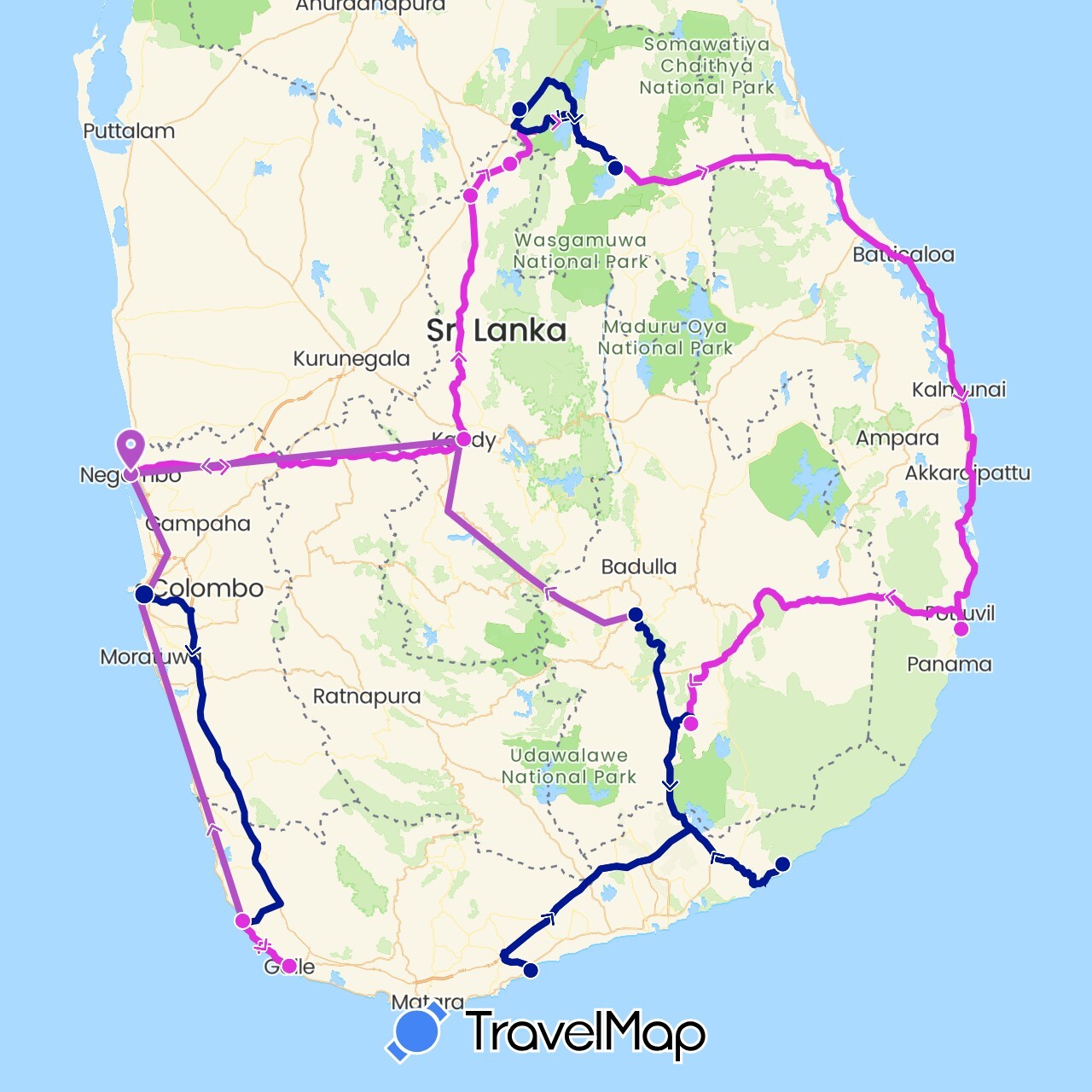 TravelMap itinerary: driving, train, rickshaw, car in Sri Lanka (Asia)