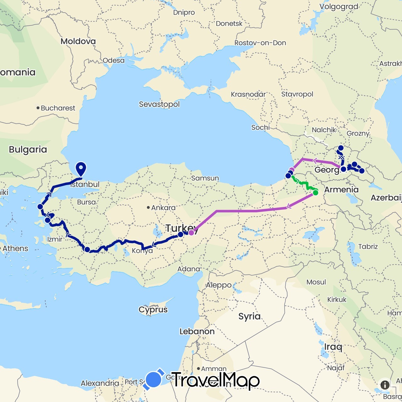TravelMap itinerary: driving, bus, train, car in Georgia, Turkey (Asia)