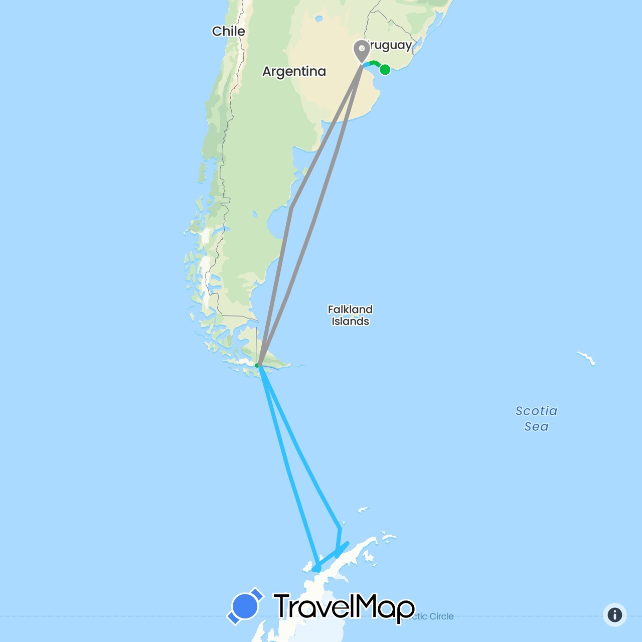 TravelMap itinerary: driving, bus, plane, boat in Argentina, Uruguay (South America)