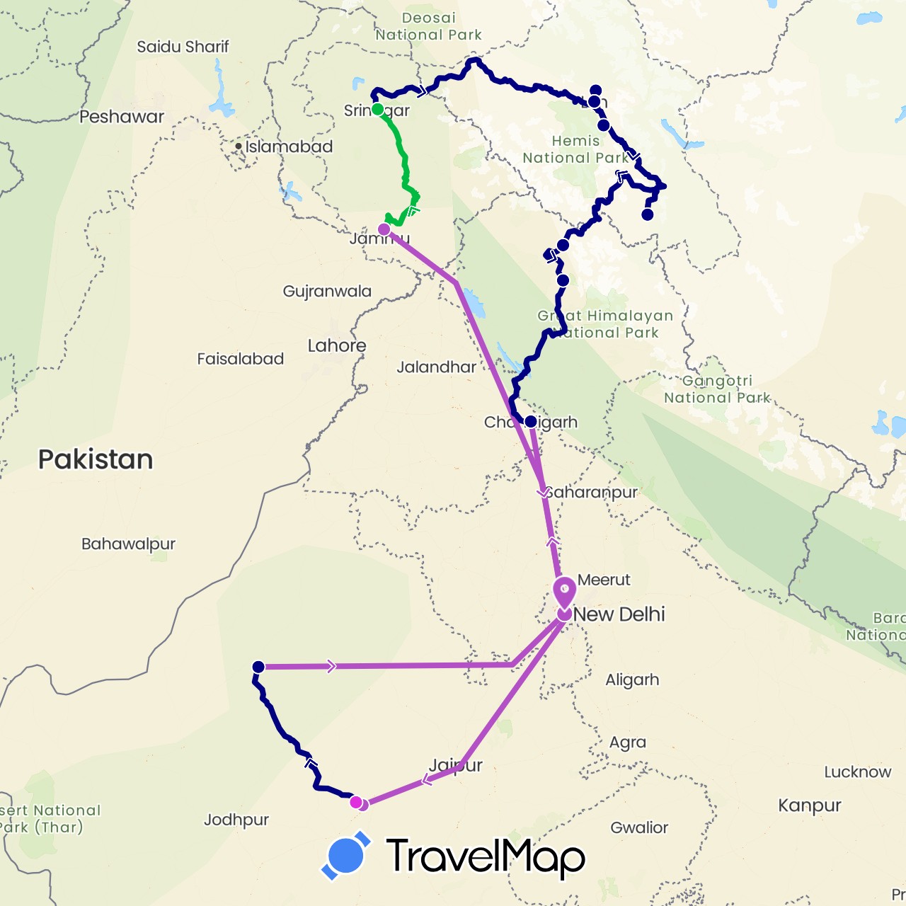 TravelMap itinerary: driving, bus, train, rickshaw in India (Asia)