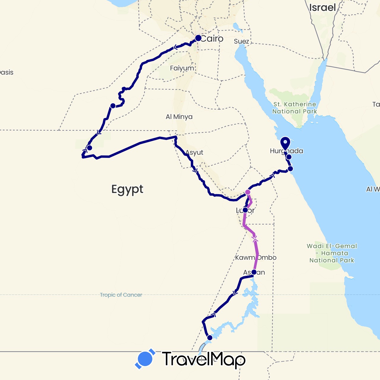 TravelMap itinerary: driving, train in Egypt (Africa)